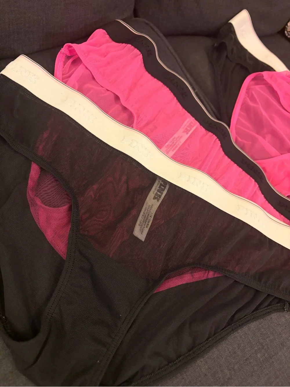 PINK Victoria's Secret Logo Mesh Hiphugger Pink & Black Panties